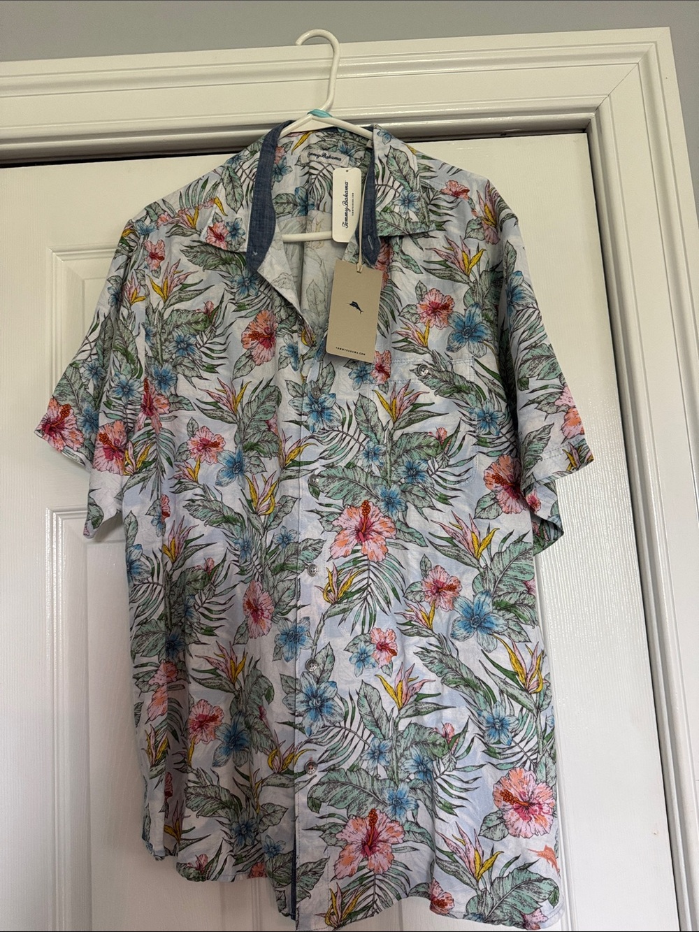 Tommy Bahama Light Blue Floral Hawaiian Shirt with Pink, Yellow & Green large